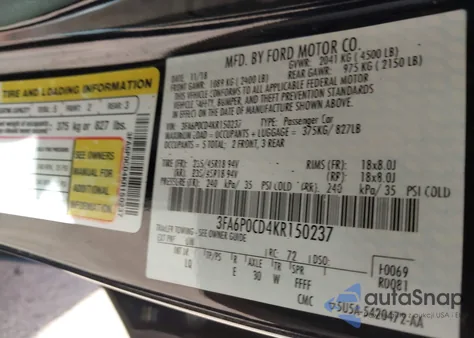 2019 Ford Fusion Sel z USA, uszkodzony, nr VIN 3FA6P0CD4KR150237